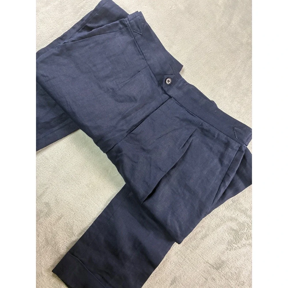 Collars & Co Mens Navy Blue 100% Linen Pleated Side Adjuster Trousers 30x32